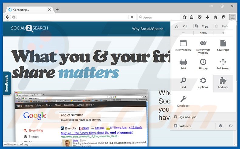 Suppression des publicités Social2Search dans Mozilla Firefox étape 1