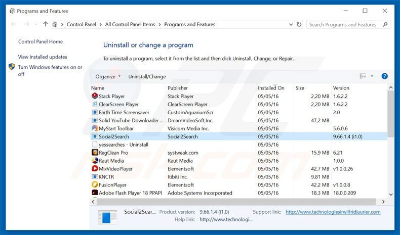 Désinstallation du logiciel de publicité Social2Search via le Panneau de Configuration