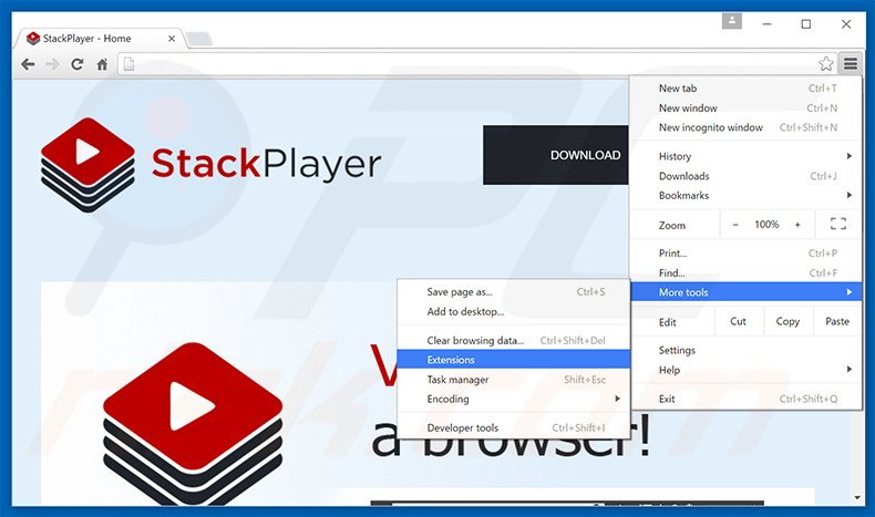 Suppression des publicités Stack Player dans Google Chrome étape 1