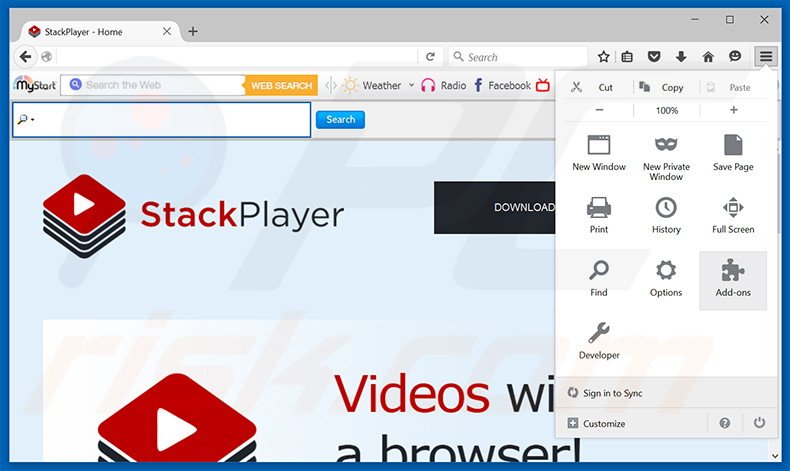 Suppression des publicités Stack Player dans Mozilla Firefox étape 1