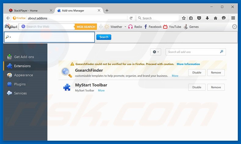 Suppression des publicités Stack Player dans Mozilla Firefox étape 2