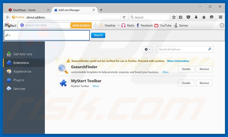 Suppression des publicités Stack Player dans Mozilla Firefox étape 2