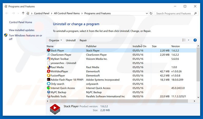 Désinstallation du logiciel de publicité Stack Player via le Panneau de Configuration