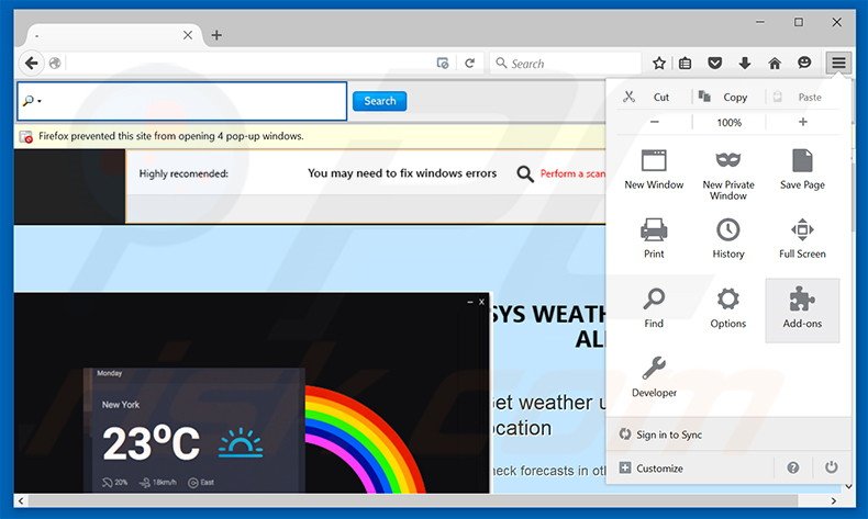 Suppression des publicités SysWeatherAlert dans Mozilla Firefox étape 1