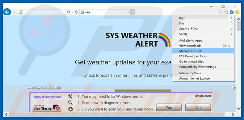 Suppression des publicités SysWeatherAlert dans Internet Explorer étape 1