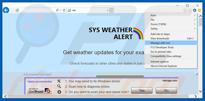 Suppression des publicités SysWeatherAlert dans Internet Explorer étape 1