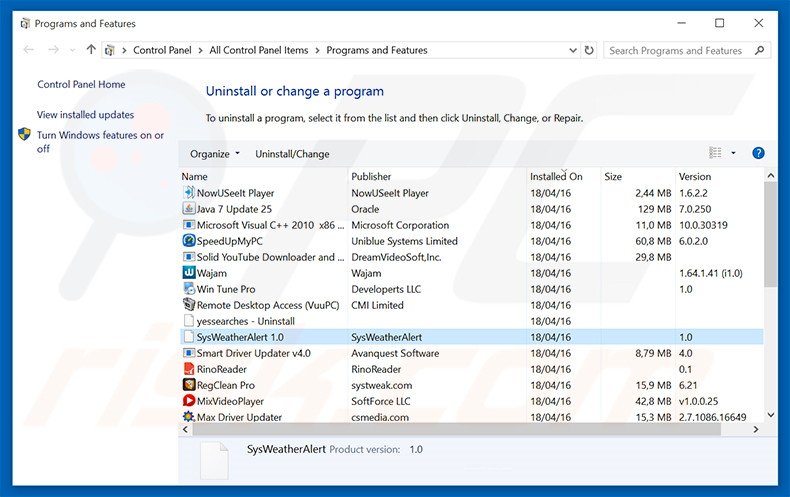 Désinstallation du logiciel de publicité SysWeatherAlert via le Panneau de Configuration