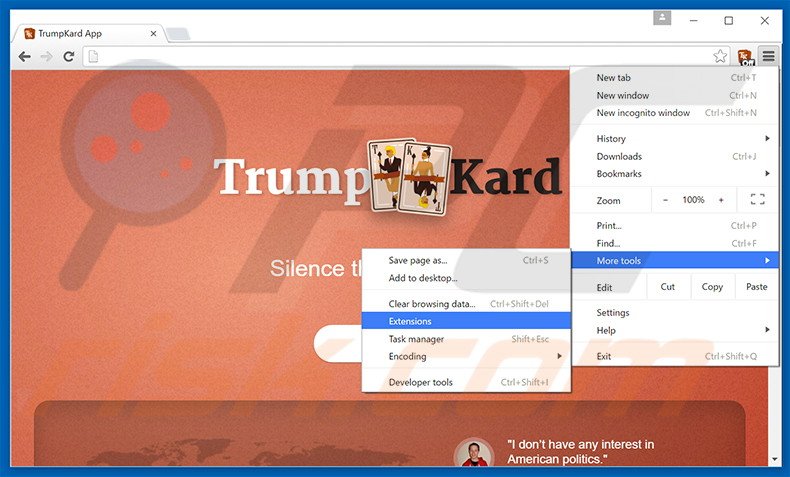 Suppression des publicités TrumpKard dans Google Chrome étape 1
