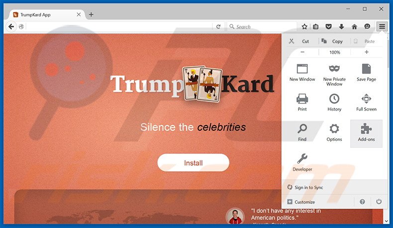 Suppression des publicités TrumpKard dans Mozilla Firefox étape 1