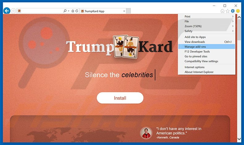 Suppression des publicités TrumpKard dans Internet Explorer étape 1