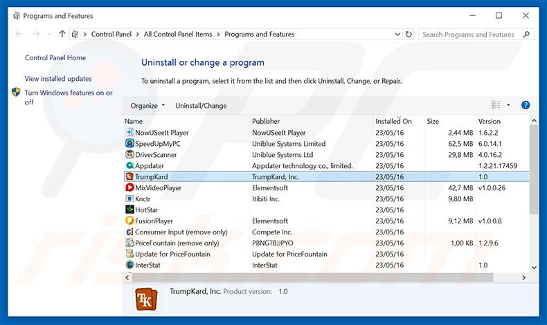 Désinstallation du logiciel de publicité TrumpKard via le Panneau de Configuration