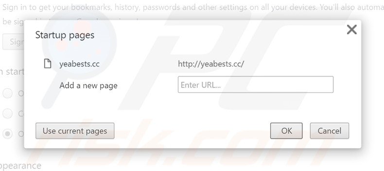 Suppression de la page d'accueil d'yeabests.cc dans Google Chrome 