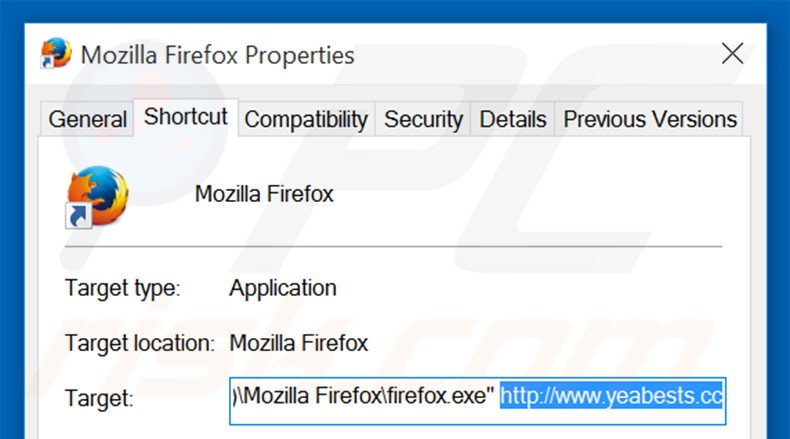 Suppression du raccourci cible d'yeabests.cc dans Mozilla Firefox étape 2