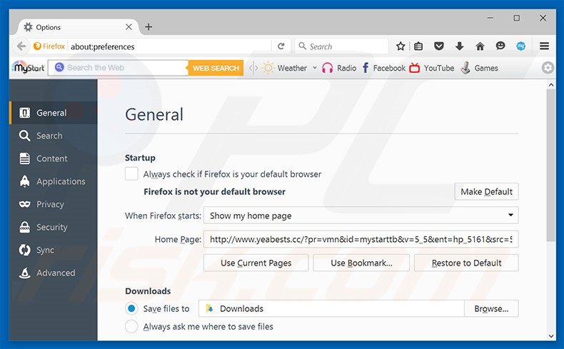 Suppression de la page d'accueil d'yeabests.cc dans Mozilla Firefox 