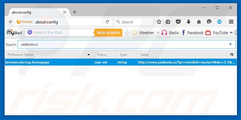 Suppression du moteur de recherche par défaut d'yeabests.cc dans Mozilla Firefox 