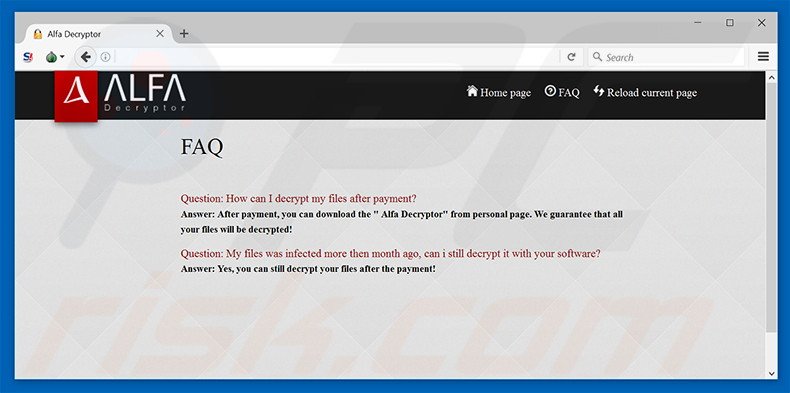 FAQ du site web du rançongiciel Alpha 