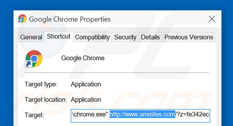 Suppression du raccourci cible d'amisites.com dans Google Chrome étape 2