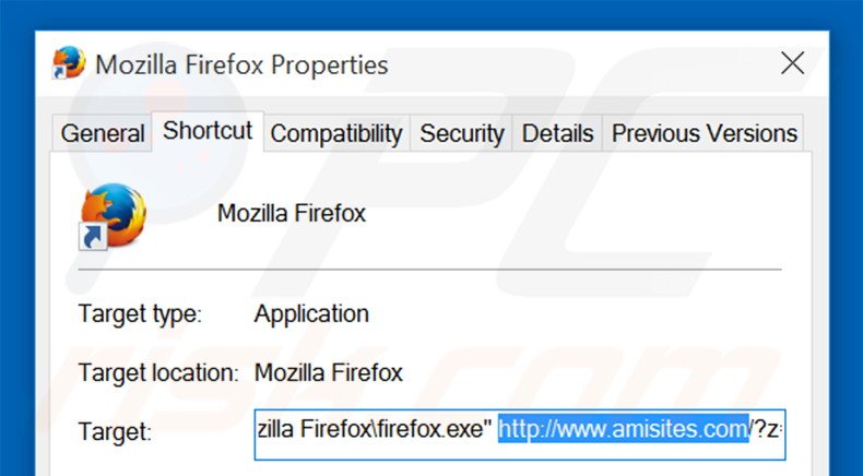 Suppression du raccourci cible d'amisites.com dans Mozilla Firefox étape 2
