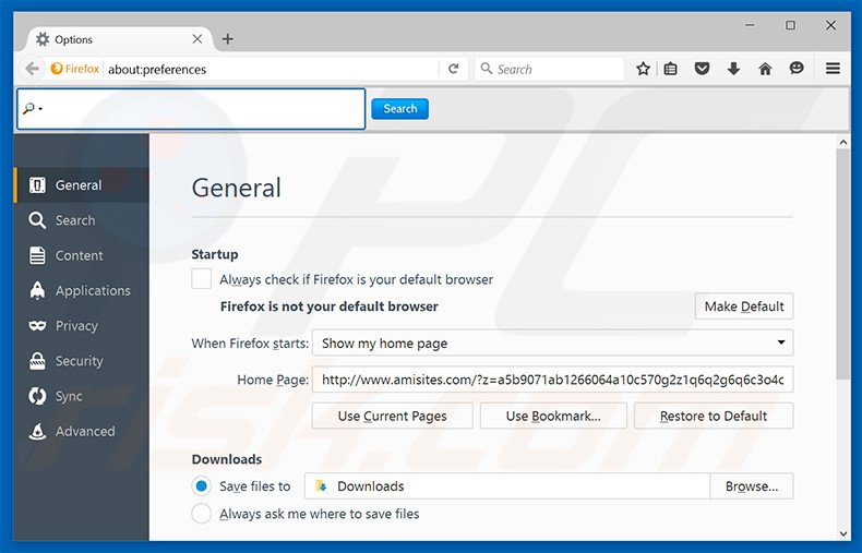 Suppression de la page d'accueil d'amisites.com dans Mozilla Firefox 