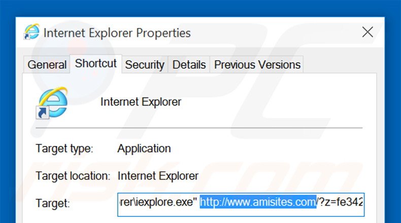 Suppression du raccourci cible d'amisites.com dans Internet Explorer étape 2