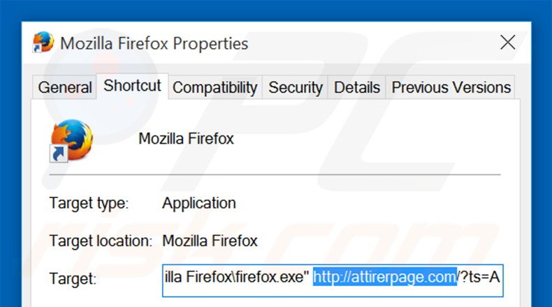 Suppression du raccourci cible d'attirerpage.com dans Mozilla Firefox étape 2