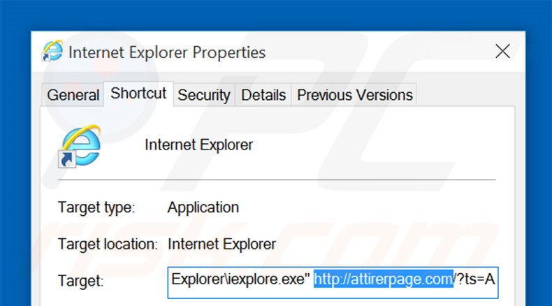 Suppression du raccourci cible d'attirerpage.com dans Internet Explorer étape 2