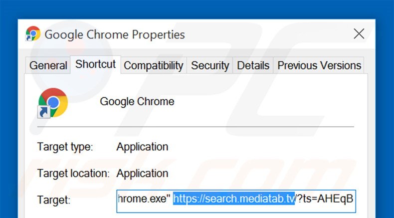 Suppression du raccourci cible de search.mediatab.tv dans Google Chrome étape 2