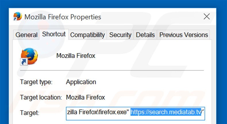 Suppression du raccourci cible de de search.mediatab.tv danszilla F Moirefox étape 2
