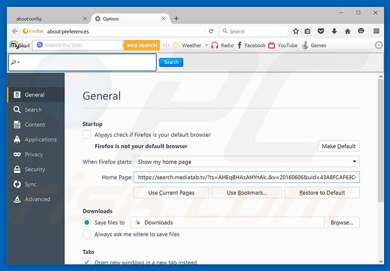 Suppression de la page d'accueil de search.mediatab.tv fdans Mozilla Firefox 