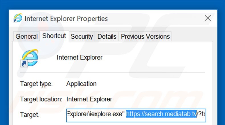 Suppression du raccourci cible de search.mediatab.tv dans Internet Explorer étape 2