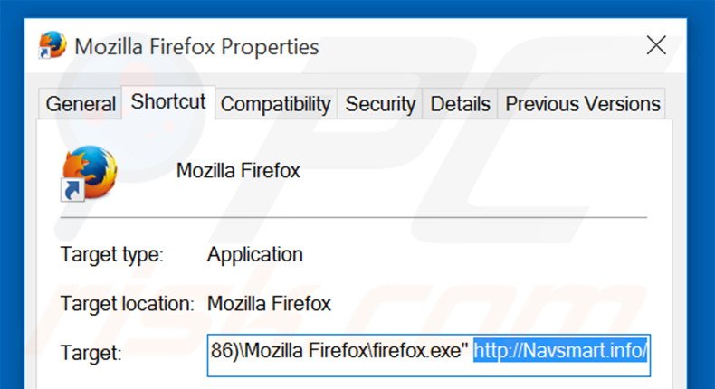Suppression du raccourci cible de navsmart.info dans Mozilla Firefox étape 2
