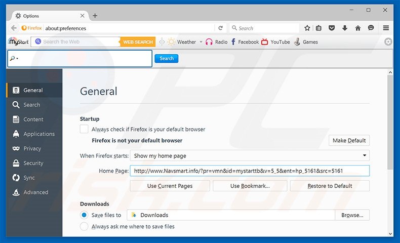 Suppression de la page d'accueil de navsmart.info dans Mozilla Firefox 