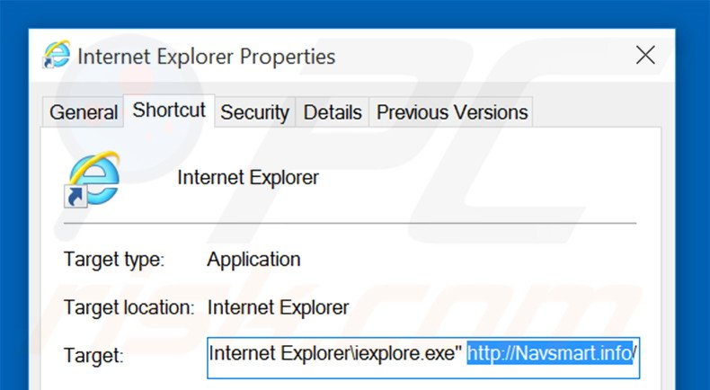 Suppression du raccourci cible de navsmart.info dans Internet Explorer étape 2