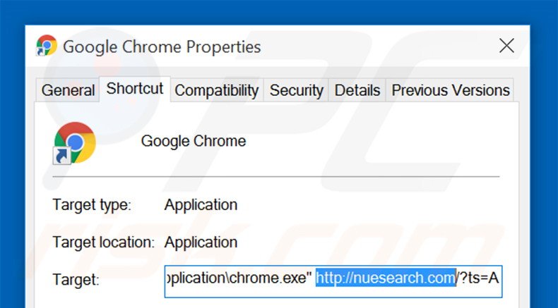 Suppression du raccourci cible de nuesearch.com dans Google Chrome étape 2