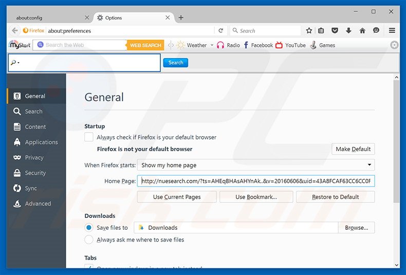 Suppression de la page d'accueil de nuesearch.com dans Mozilla Firefox 