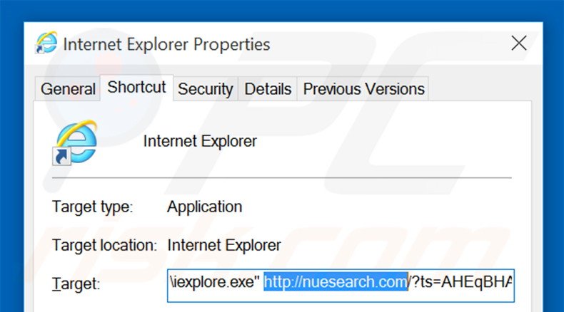 Suppression du raccourci cible de nuesearch.com dans Internet Explorer étape 2