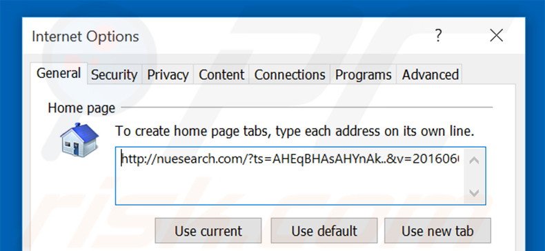 Suppression de la page d'accueil de nuesearch.com dans Internet Explorer 