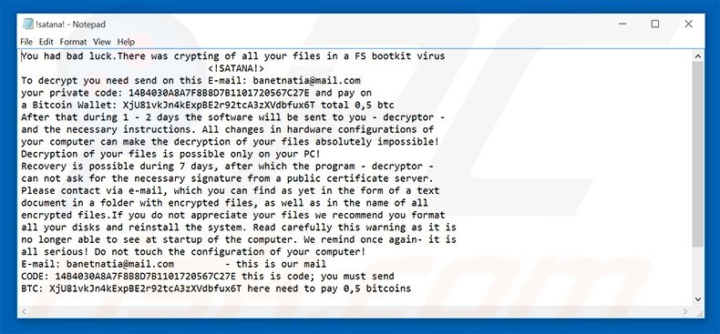Fichier texte du rançongiciel !SATANA! 