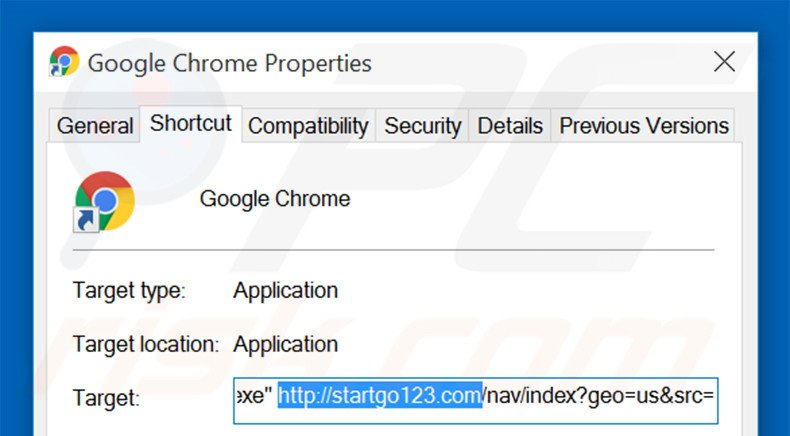 Suppression du raccourci cible de startgo123.com dans Google Chrome étape 2