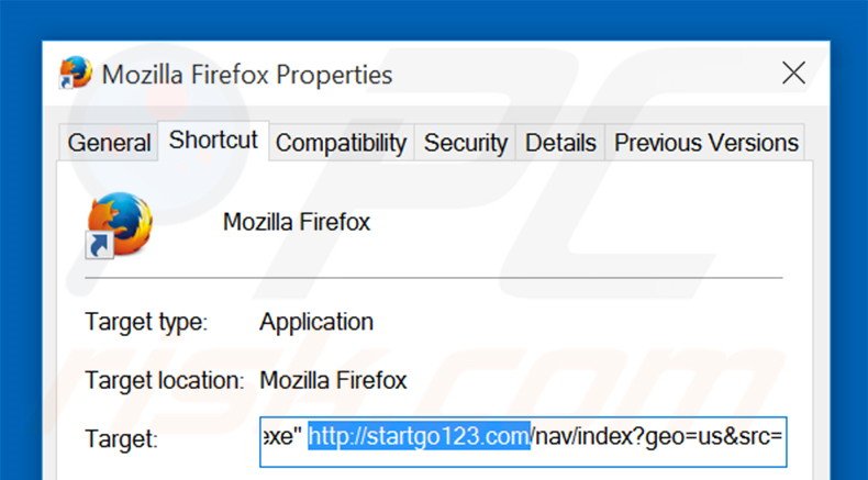 Suppression du raccourci cible de startgo123.com dans Mozilla Firefox étape 2