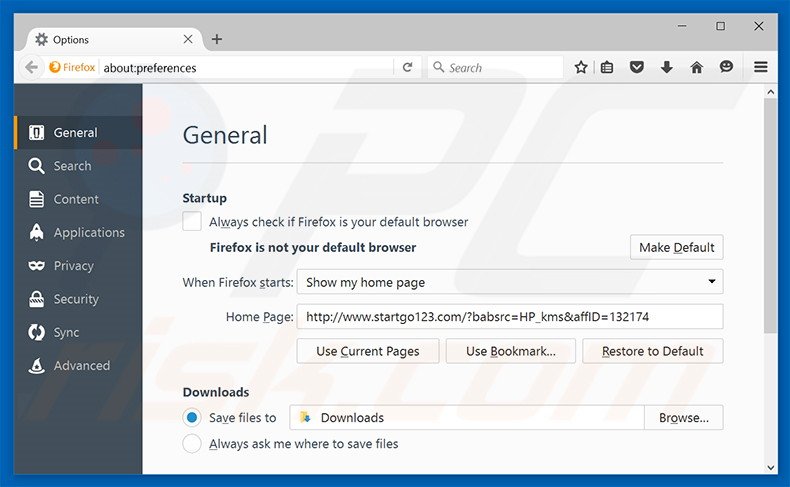 Suppression de la page d'accueil de startgo123.com dans Mozilla Firefox 