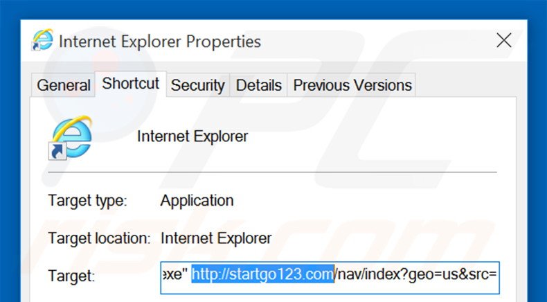 Suppression du raccourci cible de startgo123.com dans Internet Explorer étape 2