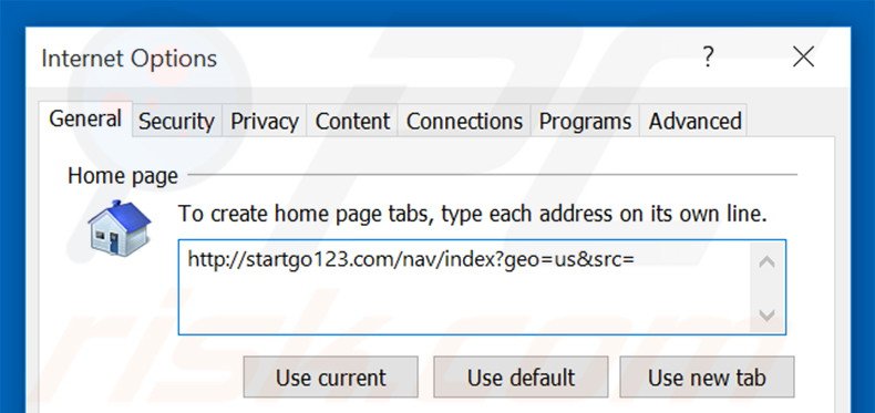 Suppression de la page d'accueil de startgo123.com dans Internet Explorer