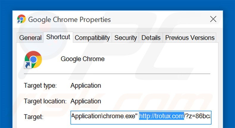 Suppression du raccourci cible de trotux.com dans Google Chrome étape 2