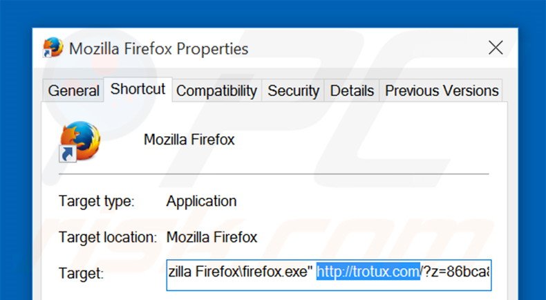 Suppression du raccourci cible de trotux.com dans Mozilla Firefox étape 2