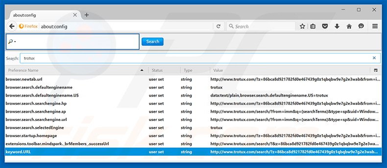 Suppression du moteur de recherche par défaut de trotux.com dans Mozilla Firefox 