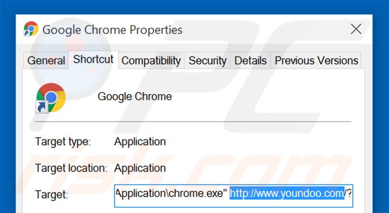 Suppression du raccourci cible d'youndoo.com dans Google Chrome étape 2