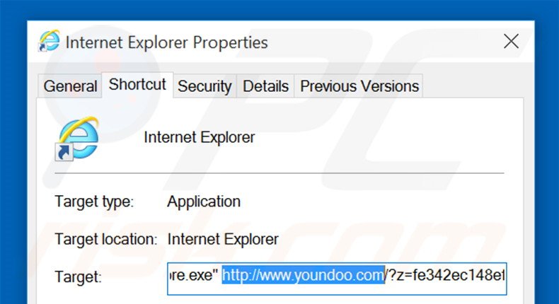 Suppression du raccourci cible d'youndoo.com dans Internet Explorer étape 2