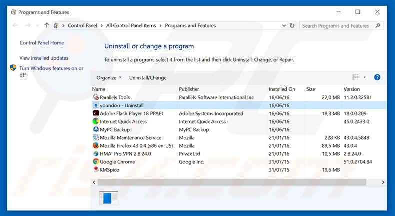 Désinstallation du pirate de navigateur youndoo.com via le Panneau de Configuration