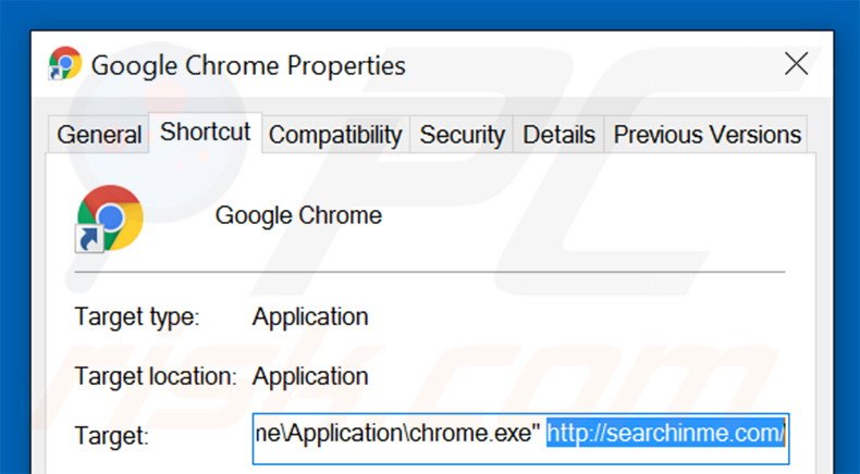Suppression du raccourci cible de searchinme.com dans Google Chrome étape 2